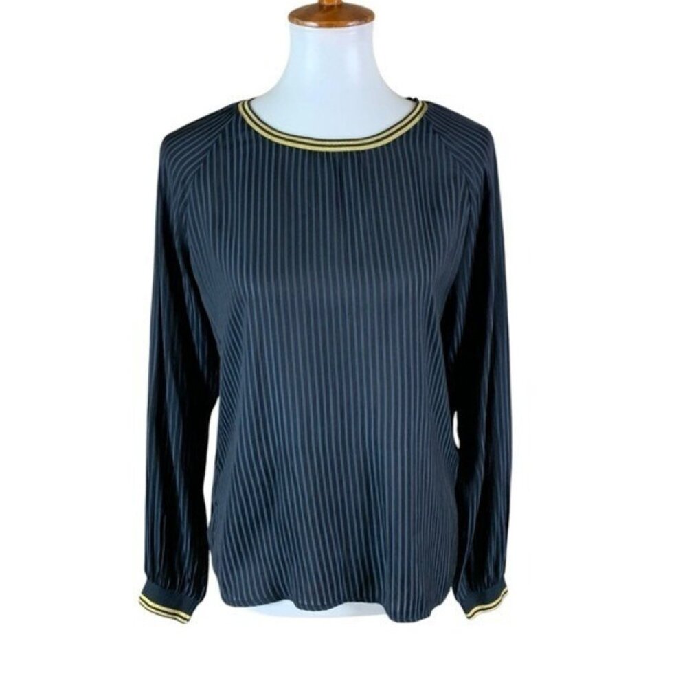 Culture Demet Blouse Black‎ Pinstripe Long Sleeve Gold Trim Size Small